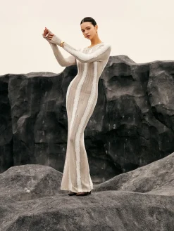 COMMENSE Jacquard Striped Crochet Long Dress* Sweater Dresses|Work Dresses