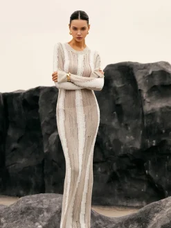 COMMENSE Jacquard Striped Crochet Long Dress* Sweater Dresses|Work Dresses