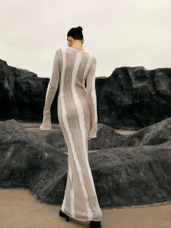COMMENSE Jacquard Striped Crochet Long Dress* Sweater Dresses|Work Dresses