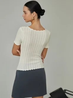 COMMENSE Keep It Simple Scalloped Pointelle Top* Sweater Tops|Sweaters & Cardigans