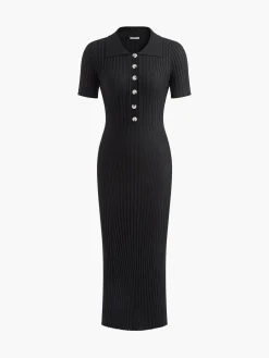 COMMENSE Knit Button Short Sleeve Slim Dress* Black Dresses|Sweater Dresses