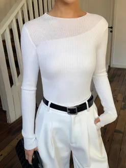 COMMENSE Knit Ribbed Crew Neck Asymmetric Top* Sweater Tops|Sweaters & Cardigans