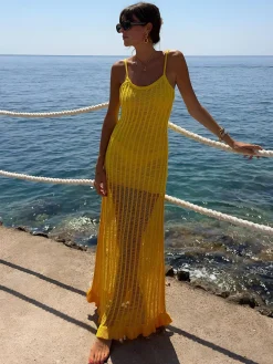 COMMENSE Knit Ruffle Midi Dress With Openwork Panels* Sweater Dresses|Vacation Dresses