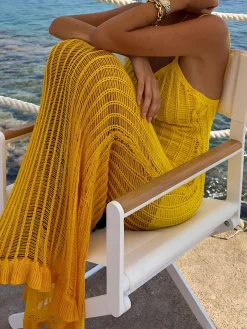 COMMENSE Knit Ruffle Midi Dress With Openwork Panels* Sweater Dresses|Vacation Dresses