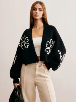 COMMENSE Knit-Floral Short Outerwear* Sweater Tops|Outerwear