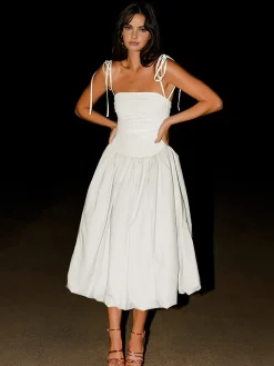 COMMENSE Knotted Adjustable Strap Pockets Midi Dress* White Dresses|Casual Dresses