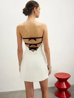 COMMENSE Knotted Open Back Piping Tube Dress* White Dresses|Cocktail & Party Dresses