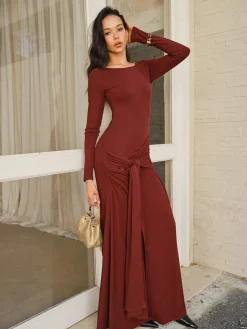 COMMENSE Knotted Ruched Jersey Long Dress* Casual Dresses|Cocktail & Party Dresses