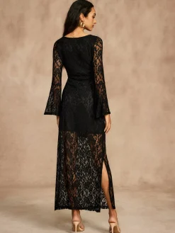 COMMENSE Lace Bell Sleeve Lined Dress* Black Dresses|Casual Dresses