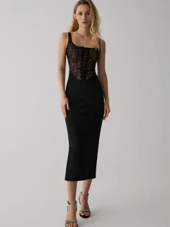 COMMENSE Lace Corset Square Neck Long Dress* Black Dresses|Cocktail & Party Dresses