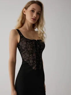 COMMENSE Lace Corset Square Neck Long Dress* Black Dresses|Cocktail & Party Dresses