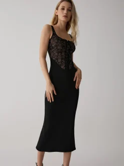 COMMENSE Lace Corset Square Neck Long Dress* Black Dresses|Cocktail & Party Dresses
