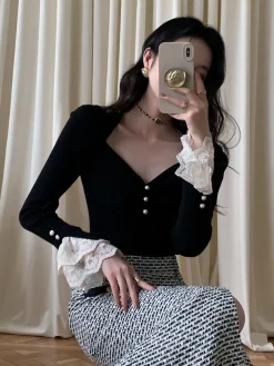 COMMENSE Lace Cuff Slim Sweater* Sweater Tops|Sweaters & Cardigans