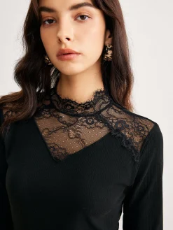 COMMENSE Lace Detail Slim Knit Top* Sweater Tops|Sweaters & Cardigans