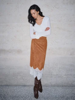 COMMENSE Lace Hem Suede Skirt* Skirts|Bottoms