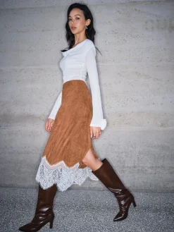 COMMENSE Lace Hem Suede Skirt* Skirts|Bottoms