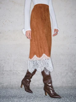 COMMENSE Lace Hem Suede Skirt* Skirts|Bottoms