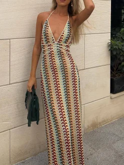 COMMENSE Lace Multi-Color Halter V-Neck Dress* Casual Dresses|Vacation Dresses