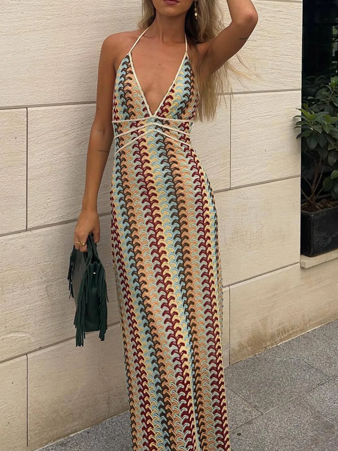 COMMENSE Lace Multi-Color Halter V-Neck Dress* Casual Dresses|Vacation Dresses
