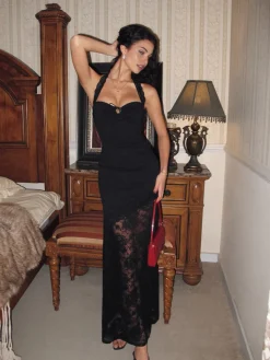 COMMENSE Lace Panel Halter Cami Dress* Black Dresses|Cocktail & Party Dresses