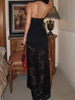 COMMENSE Lace Panel Halter Cami Dress* Black Dresses|Cocktail & Party Dresses