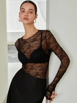 COMMENSE Lace Raw Hem Crew Neck Long Sleeve Top* T-shirts|Tops