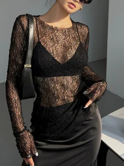 COMMENSE Lace Raw Hem Crew Neck Long Sleeve Top* T-shirts|Tops