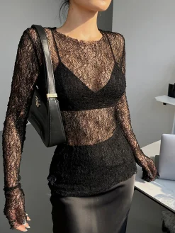 COMMENSE Lace Raw Hem Crew Neck Long Sleeve Top* T-shirts|Tops