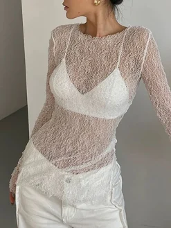 COMMENSE Lace Raw Hem Crew Neck Long Sleeve Top* T-shirts|Tops