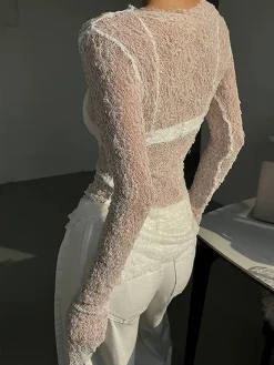 COMMENSE Lace Raw Hem Crew Neck Long Sleeve Top* T-shirts|Tops