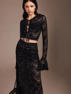 COMMENSE Lace Sheer Pleated Maxi Skirt Set* Skirt Sets|Long Sleeve Sets