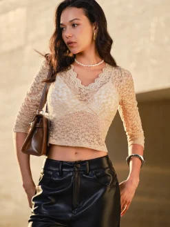 COMMENSE Lace Skinny Crop Blouse* Crop Tops|Blouses & Shirts