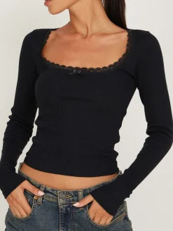 COMMENSE Lace Trim Long Sleeve Crop Top* Sweater Tops|Crop Tops