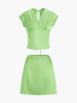 COMMENSE Lace Trim Satin Skirt Set* Skirt Sets|Long Sleeve Sets