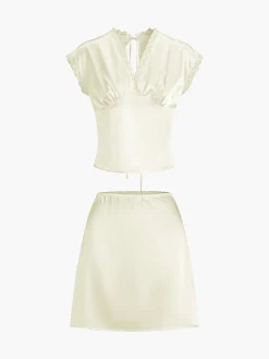 COMMENSE Lace Trim Satin Skirt Set* Skirt Sets|Long Sleeve Sets