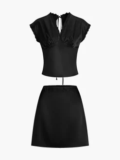 COMMENSE Lace Trim Satin Skirt Set* Skirt Sets|Long Sleeve Sets