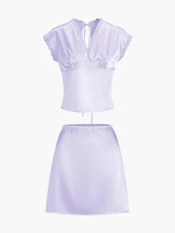 COMMENSE Lace Trim Satin Skirt Set* Skirt Sets|Long Sleeve Sets