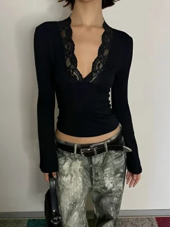 COMMENSE Lace Trim V-Neck T-Shirt* T-shirts|Tops