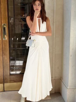 COMMENSE Lace Up Pleated Halter Long Dress* White Dresses|Work Dresses
