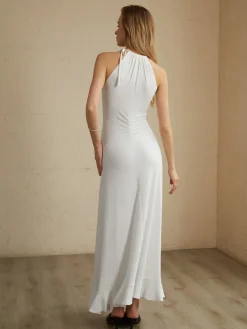 COMMENSE Lace Up Pleated Halter Long Dress* White Dresses|Work Dresses