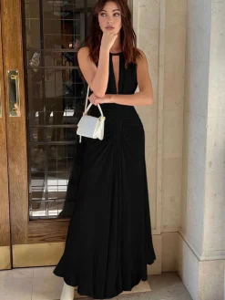 COMMENSE Lace Up Pleated Halter Long Dress* White Dresses|Work Dresses