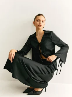 COMMENSE Lace Up Satin Midi Skirt Set* Skirt Sets|Long Sleeve Sets