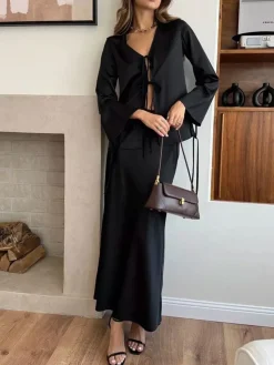 COMMENSE Lace Up Satin Midi Skirt Set* Skirt Sets|Long Sleeve Sets