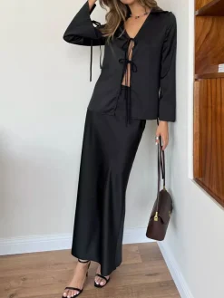 COMMENSE Lace Up Satin Midi Skirt Set* Skirt Sets|Long Sleeve Sets