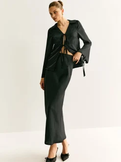COMMENSE Lace Up Satin Midi Skirt Set* Skirt Sets|Long Sleeve Sets