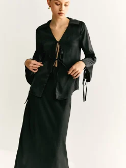 COMMENSE Lace Up Satin Midi Skirt Set* Skirt Sets|Long Sleeve Sets