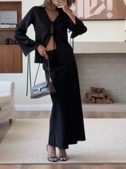 COMMENSE Lace Up Satin Midi Skirt Set* Skirt Sets|Long Sleeve Sets
