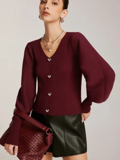 COMMENSE Lantern Sleeve V-Neck Sweater* Sweater Tops|Sweaters & Cardigans