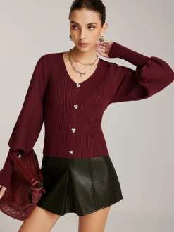 COMMENSE Lantern Sleeve V-Neck Sweater* Sweater Tops|Sweaters & Cardigans