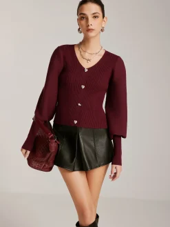COMMENSE Lantern Sleeve V-Neck Sweater* Sweater Tops|Sweaters & Cardigans